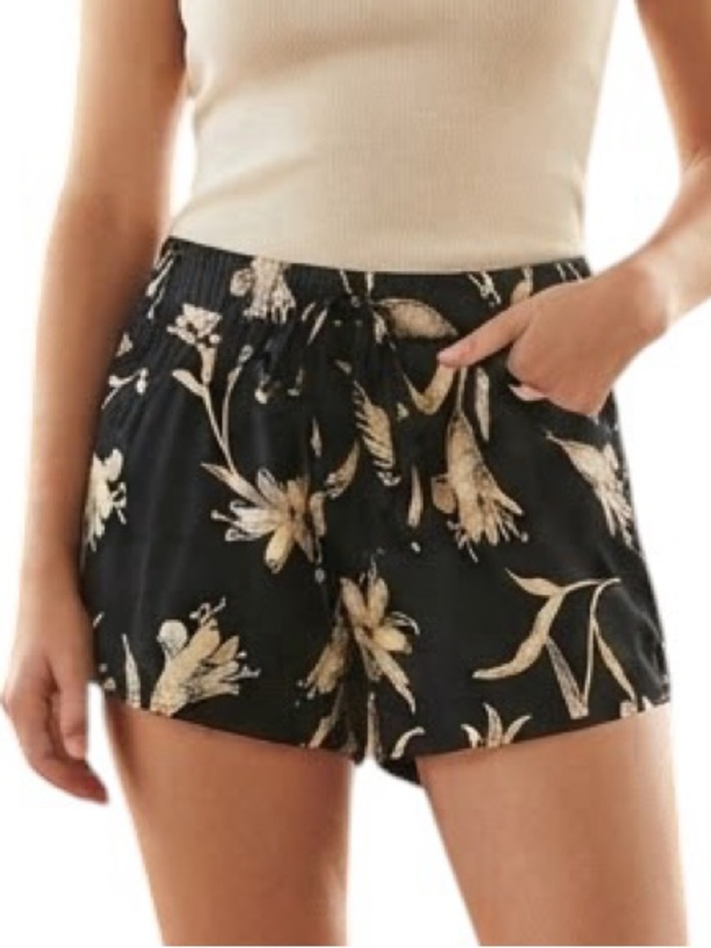 ONEILL Black Beige Floral Viscose Elastic Waist Shorts Pockets Womens Small S